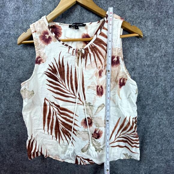 Larry Levine Blouse Womens Large Cream Brown Floral Linen Tassels Upscale Vacay - Picture 5 of 6